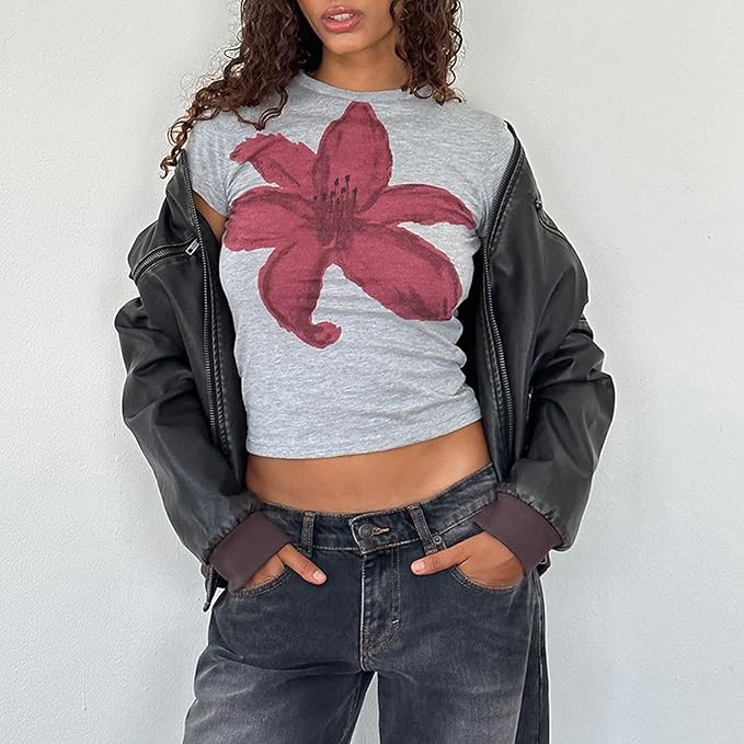 Damen Crop-Top Grau Blumenmuster Kurzarm figurbetont