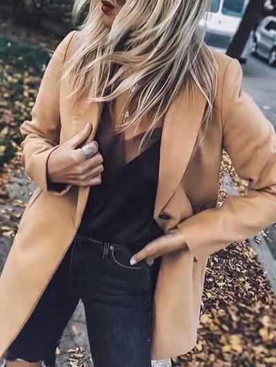 Damen Mantel Slim Fit mittellang Khaki Polyester Elasthan elegant