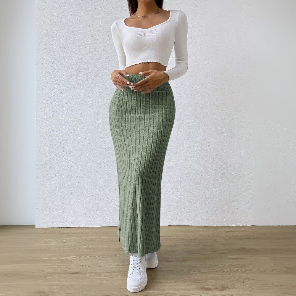 Damen Midi Rock High Waist Bodycon Graugrün langer Rock mit Schlitz