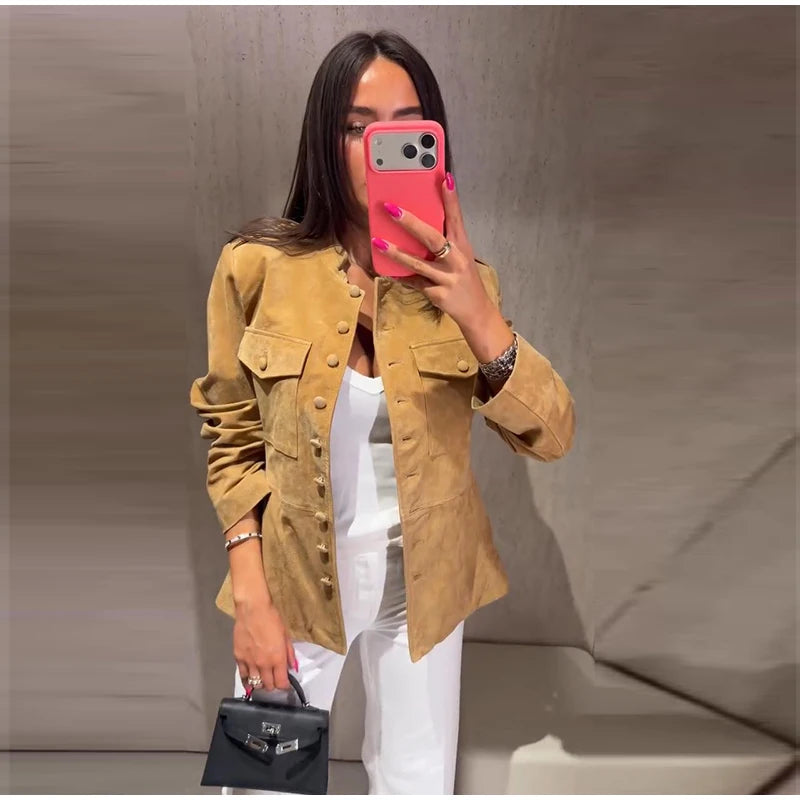 Damen Pilotenjacke Braun mit Reißverschluss Langarm Revers Loose Fit Street Style