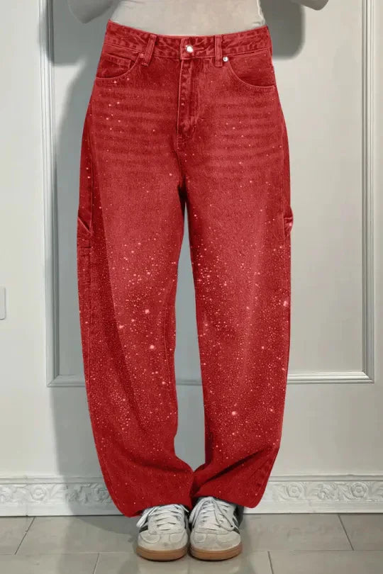 Damen Wide-Leg-Jeans High Waist mit Hot-Diamond-Sterne-Design Modische Casual Jeans für vier Jahreszeiten