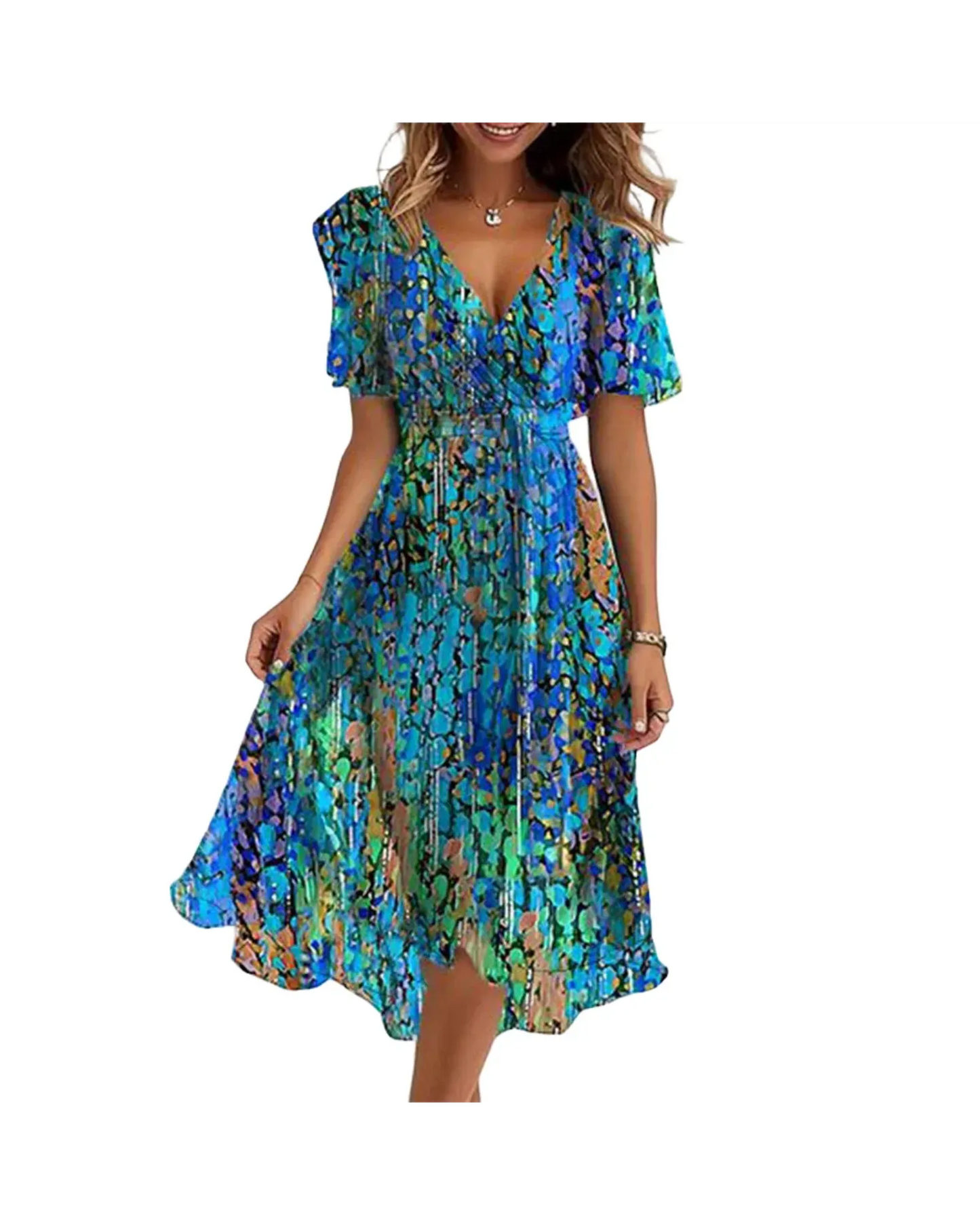 Damen Chiffonkleid Blumenmuster Pastellblau V-Ausschnitt mit Gürtel