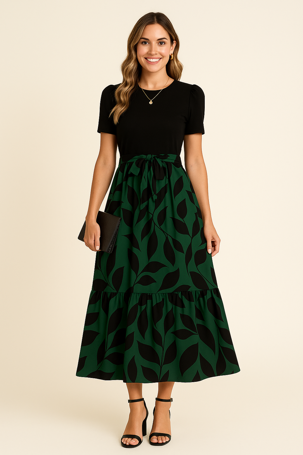Damen Maxikleid mit Puffärmeln tailliert fließend elegant