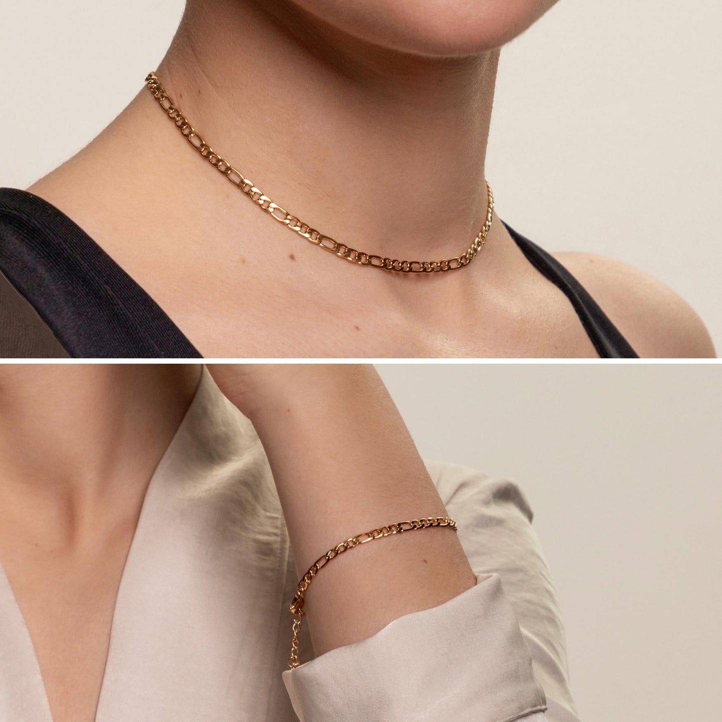 Damen Schmuckset Gold Figaro Halskette Armband wasserfest 2-teilig