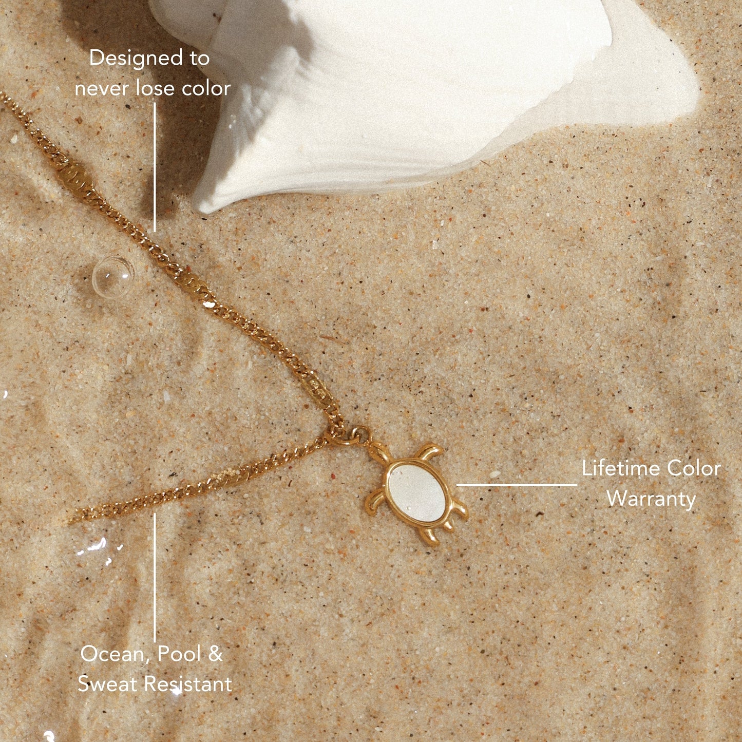 Damen Schildkröten Kette Gold mit Perlmutt Anhänger wasserfest