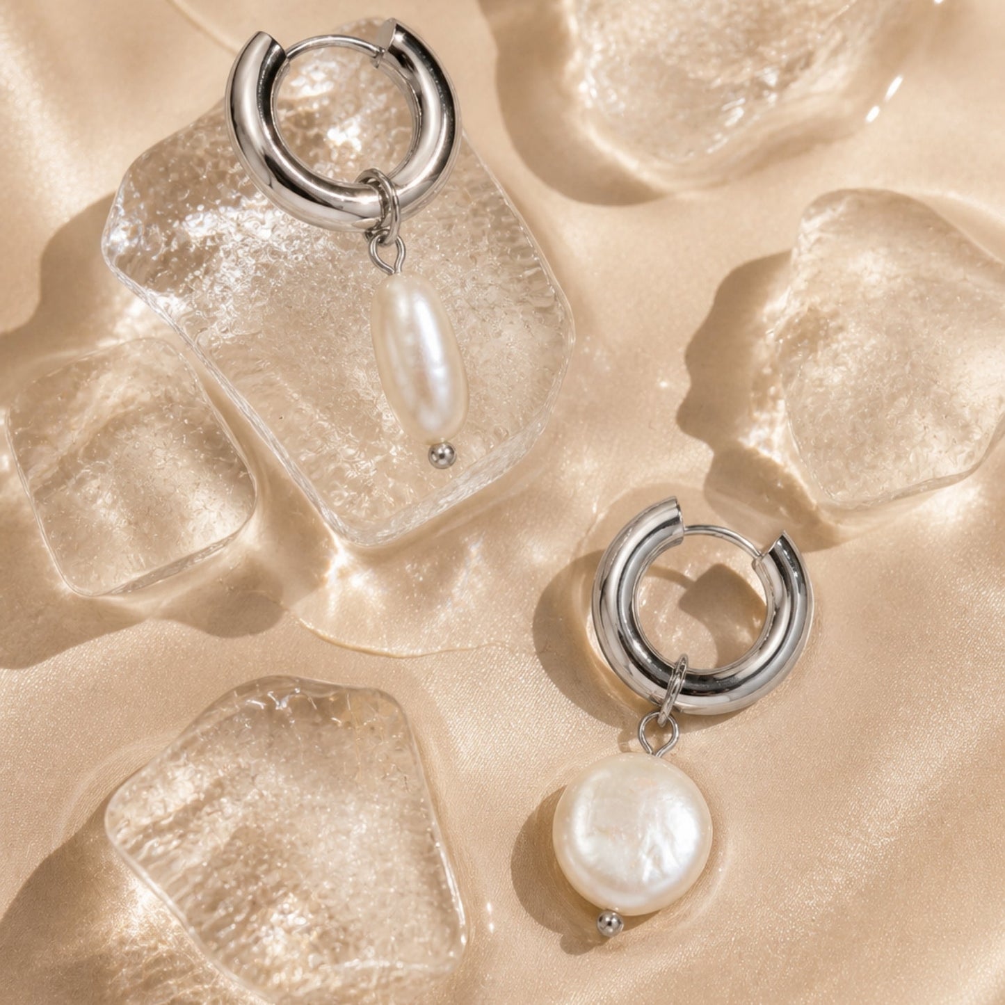 Damen Chunky Creolen gold Süßwasserperlen Edelstahl wasserfest
