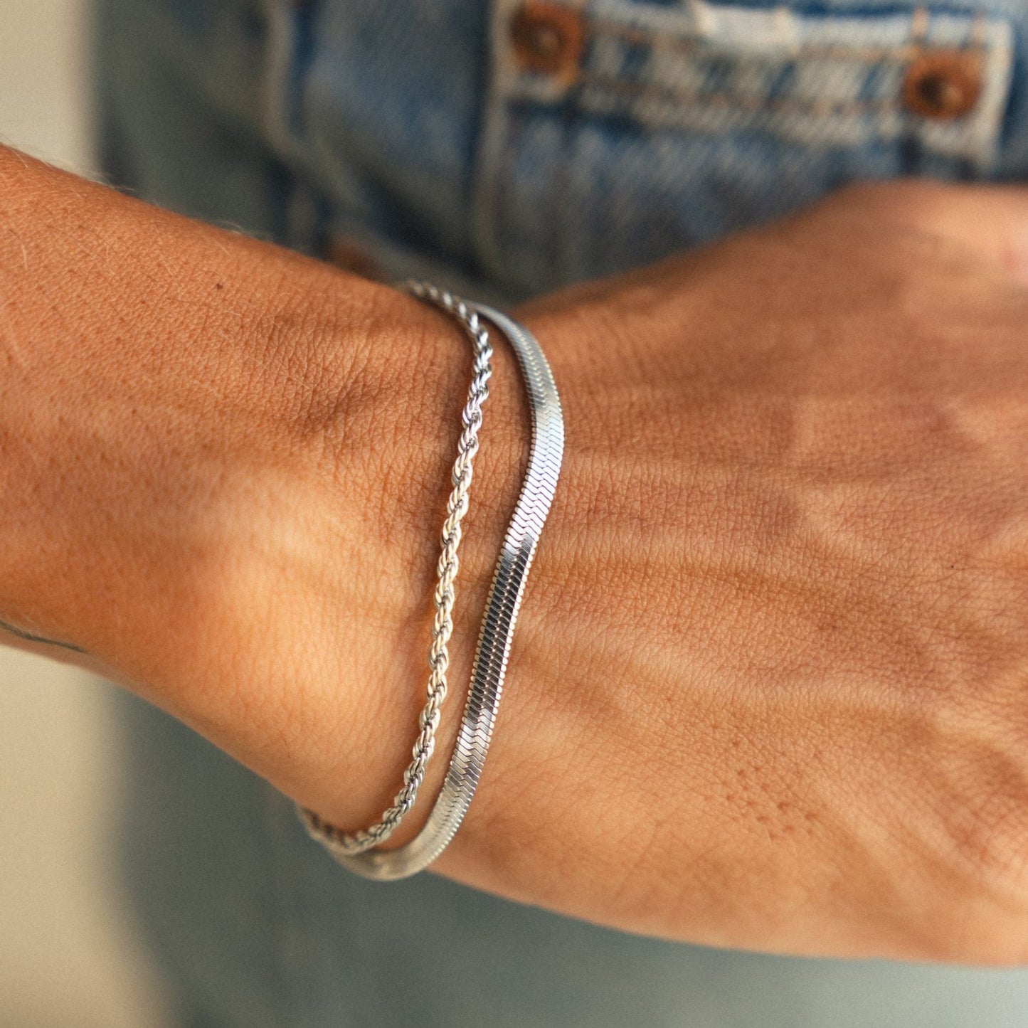 Damen Layering Armband Gold Herringbone Rope doppellagig wasserfest