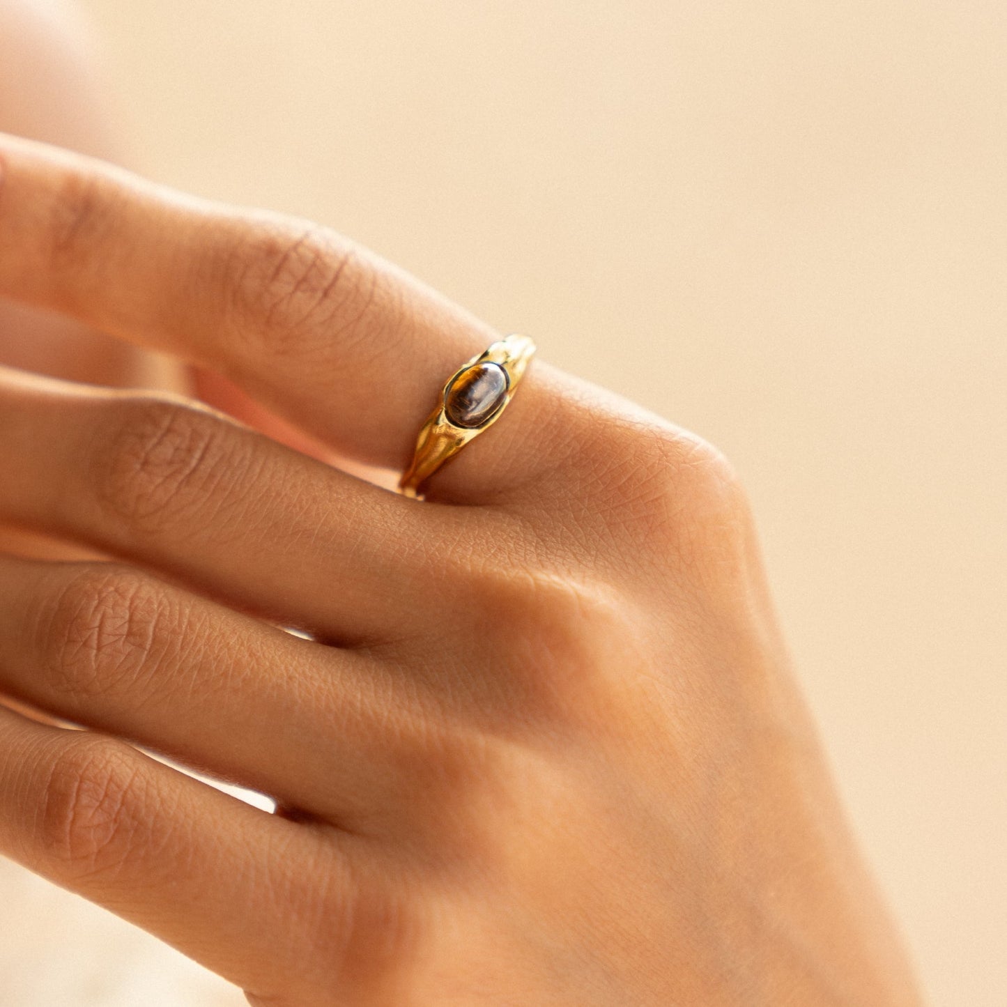 Damen Ring Gold Tigerauge Stein 10 mm wasserfest hypoallergen