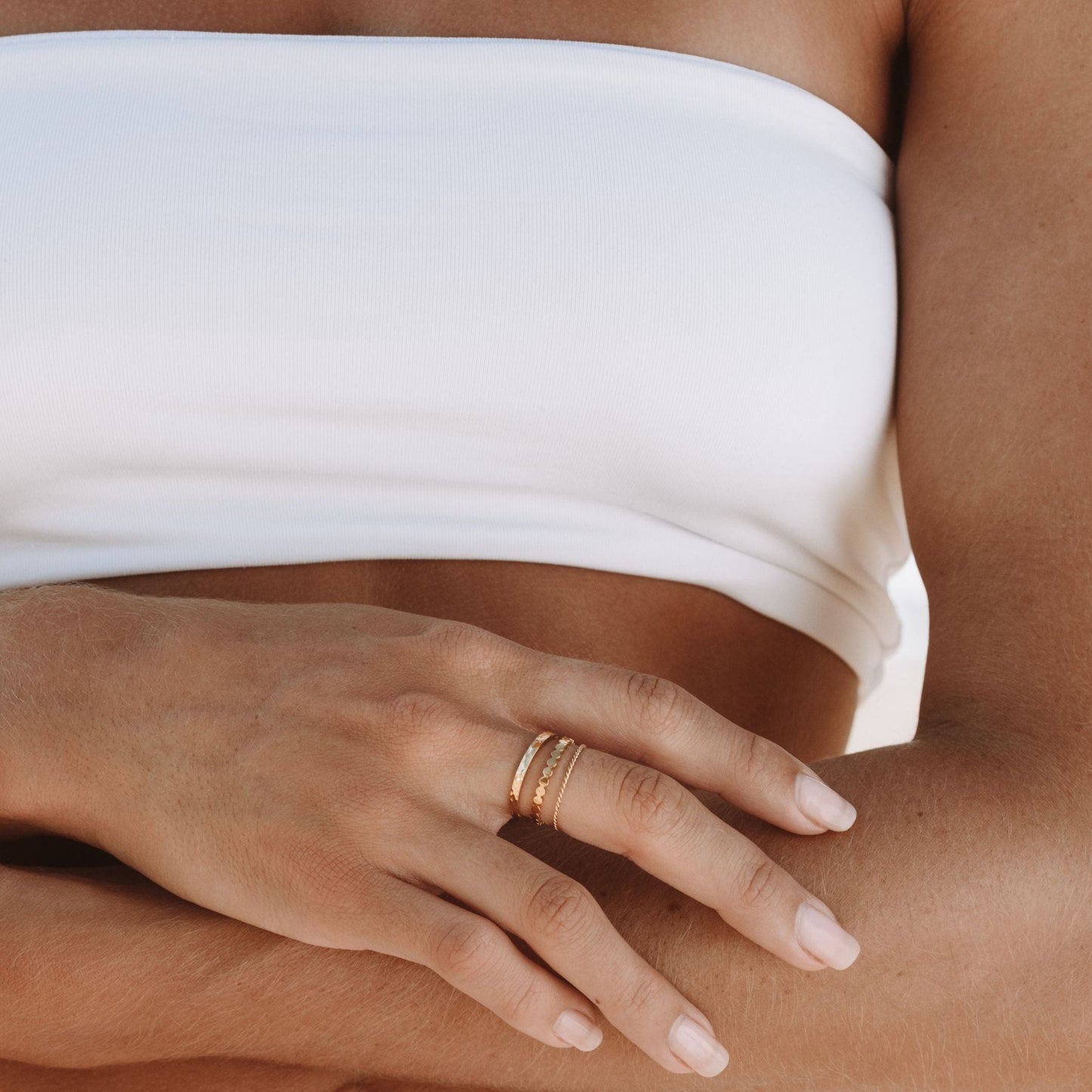 Damen Ring Set Gold 3-teilig gehämmert gedreht Perlen Design wasserfest