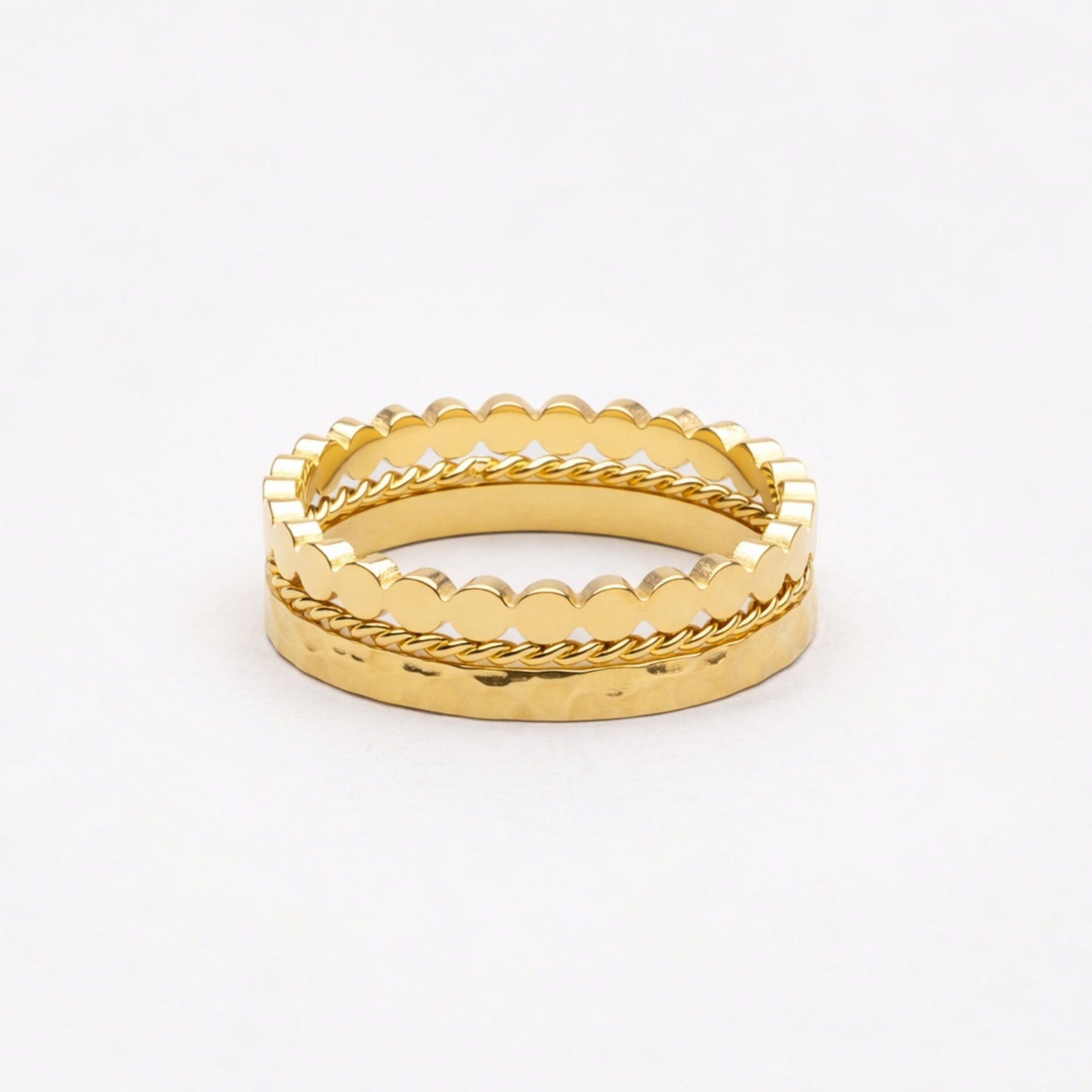 Damen Ring Set Gold 3-teilig gehämmert gedreht Perlen Design wasserfest