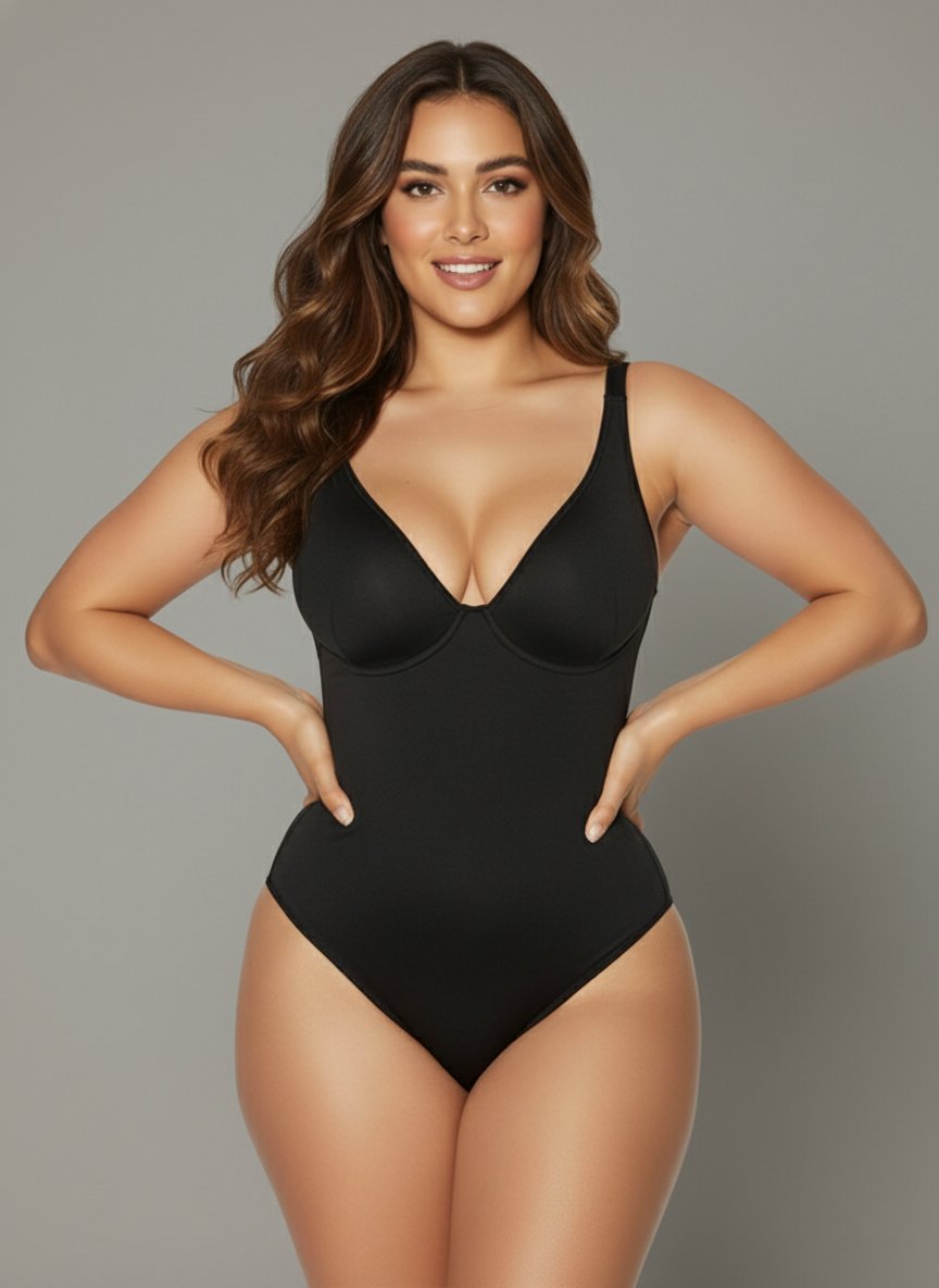 Damen Shaping Bodysuit Schwarz nahtlos figurformend Push-up V-Ausschnitt Bauch Taille Rücken