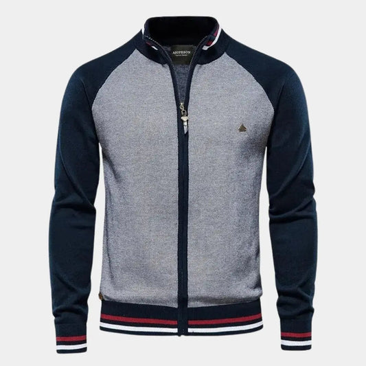 Stehkragen-Strickjacke mit Reißverschluss und Farbblock