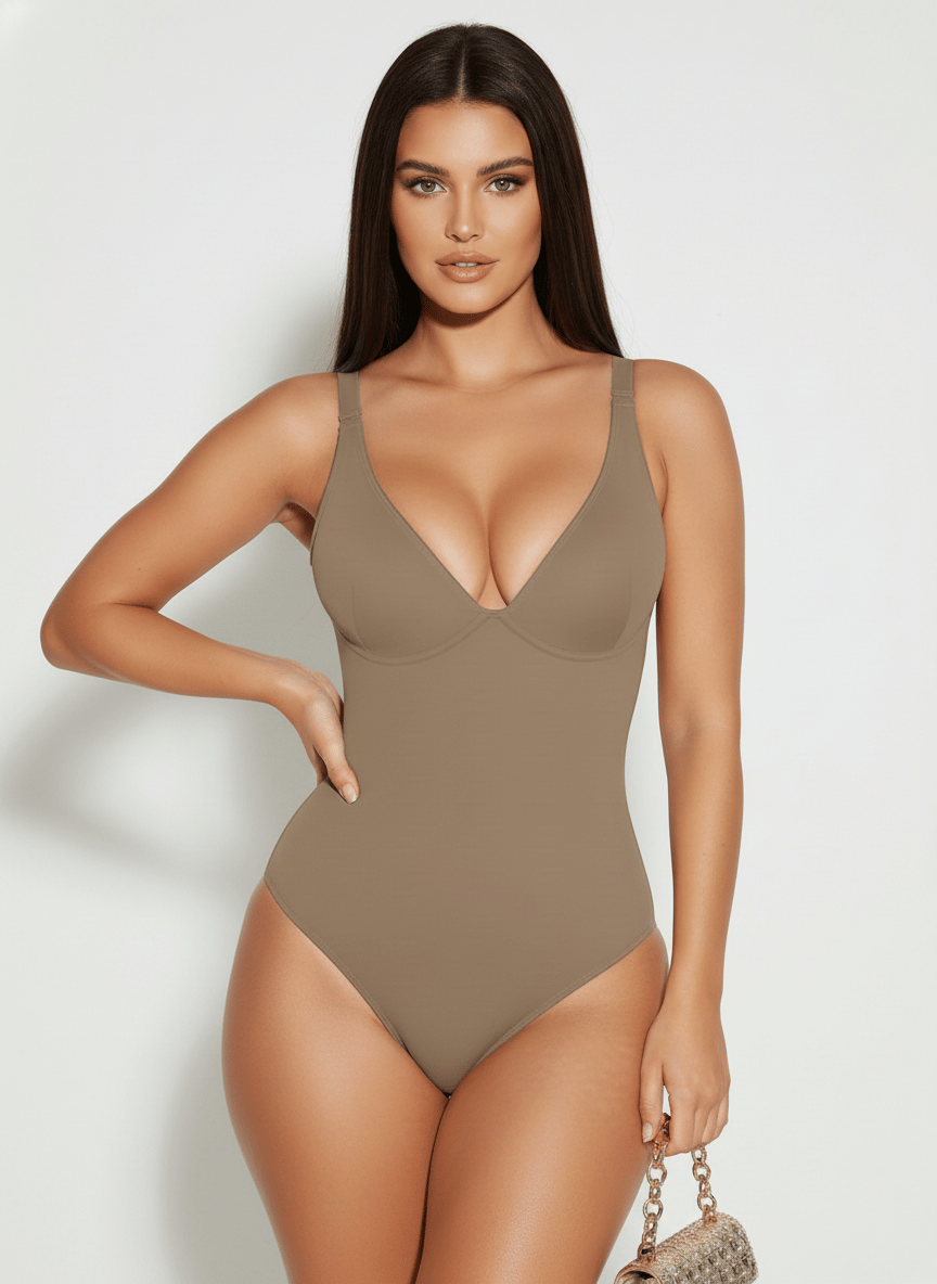 Damen Shaping Bodysuit Schwarz nahtlos figurformend Push-up V-Ausschnitt Bauch Taille Rücken