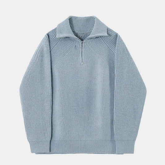Azurblauer Pullover mit Viertel-Reissverschluss