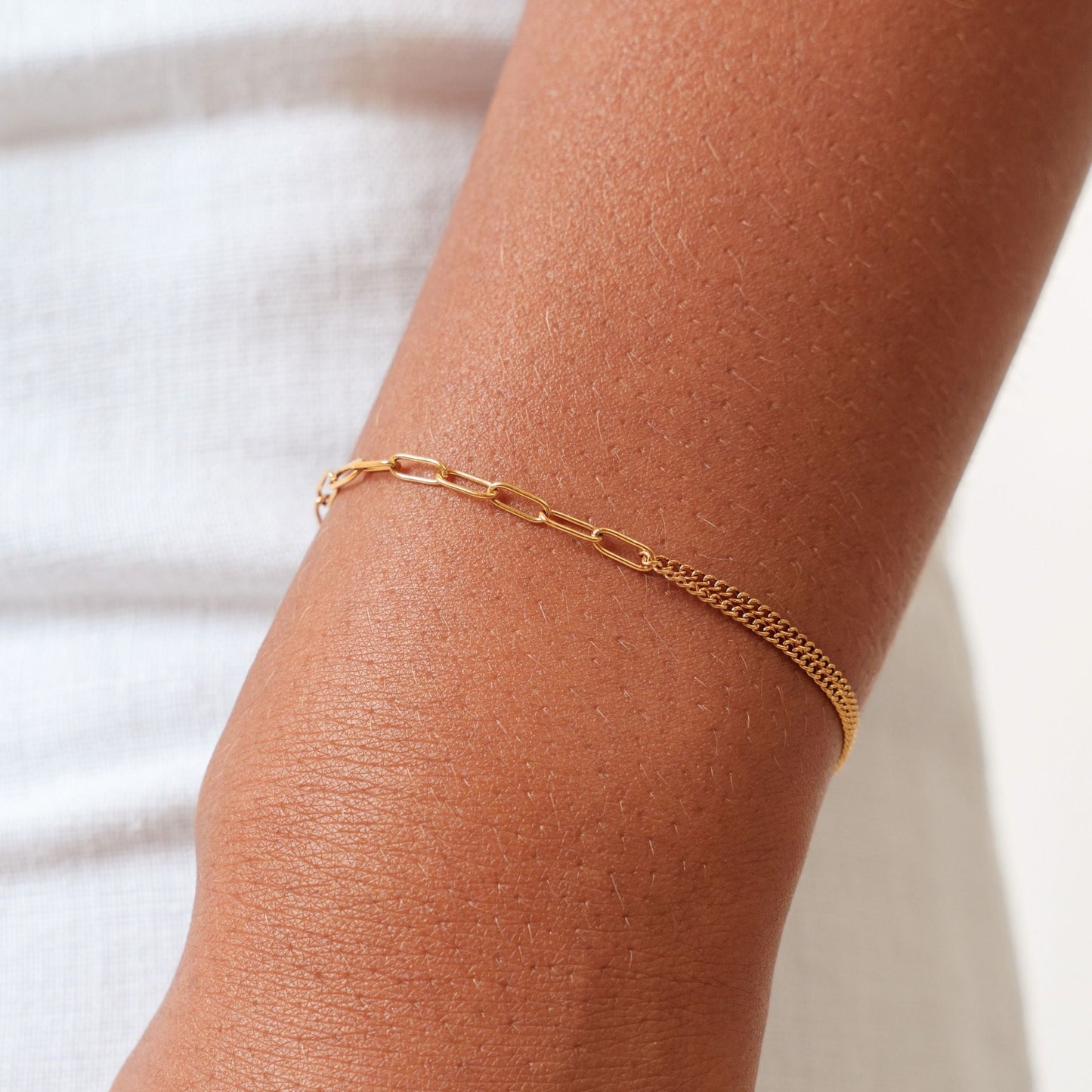 Damen Armband Gold Mixed Chain Paperclip Gliederarmband verstellbar wasserfest hypoallergen