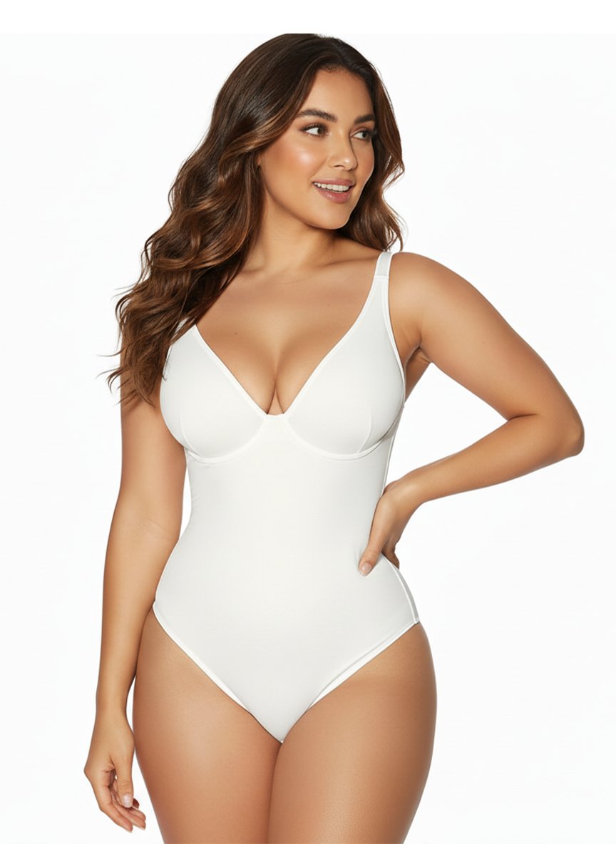 Damen Shaping Bodysuit Schwarz nahtlos figurformend Push-up V-Ausschnitt Bauch Taille Rücken