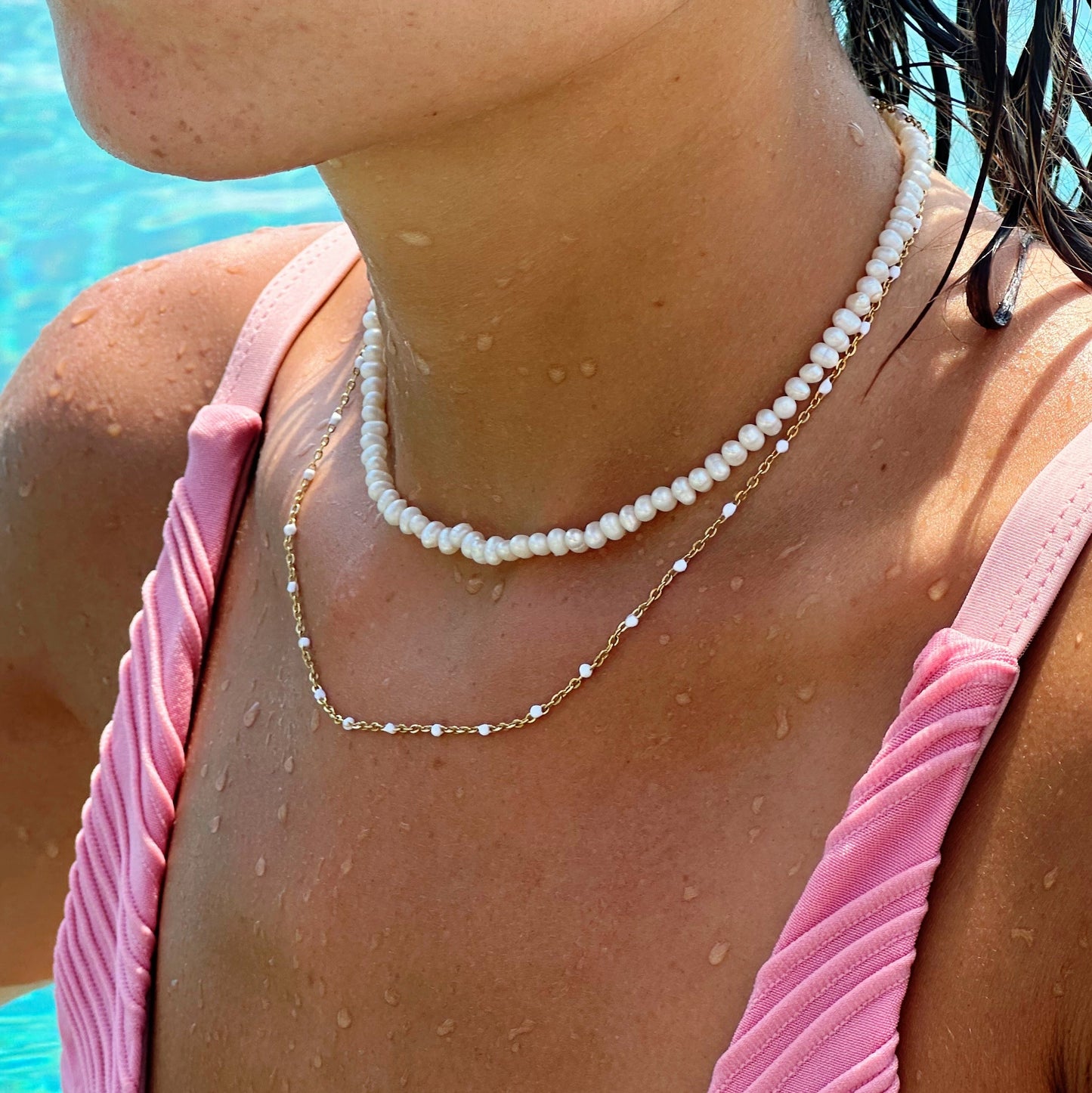 Damen Choker Halskette Weiß Gold Perlenoptik wasserfest hypoallergen