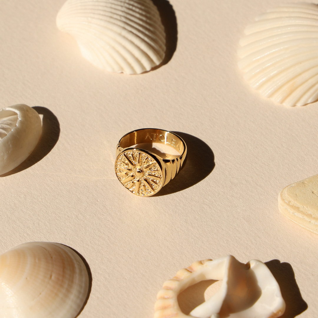 Goldener Ring Sonnenmotiv wasserfest schweißfest hypoallergen 18k PVD
