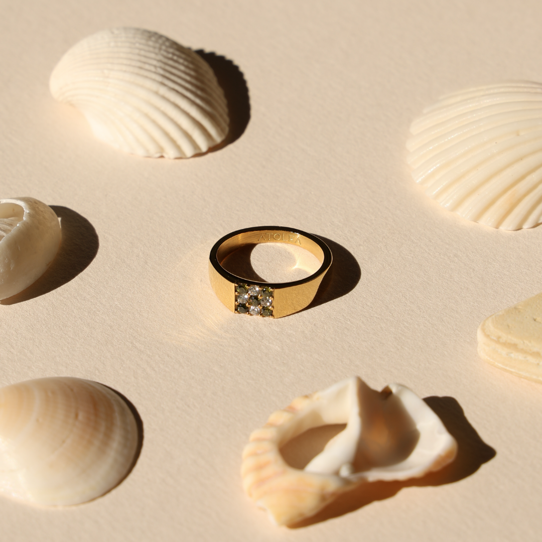 Ring Gold mit grünen und weißen Zirkonsteinen, wasserdicht und hypoallergen