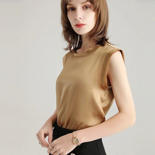 Damen Seiden Tanktop Ärmellos Einfarbig mit Satin-Optik für Sommer