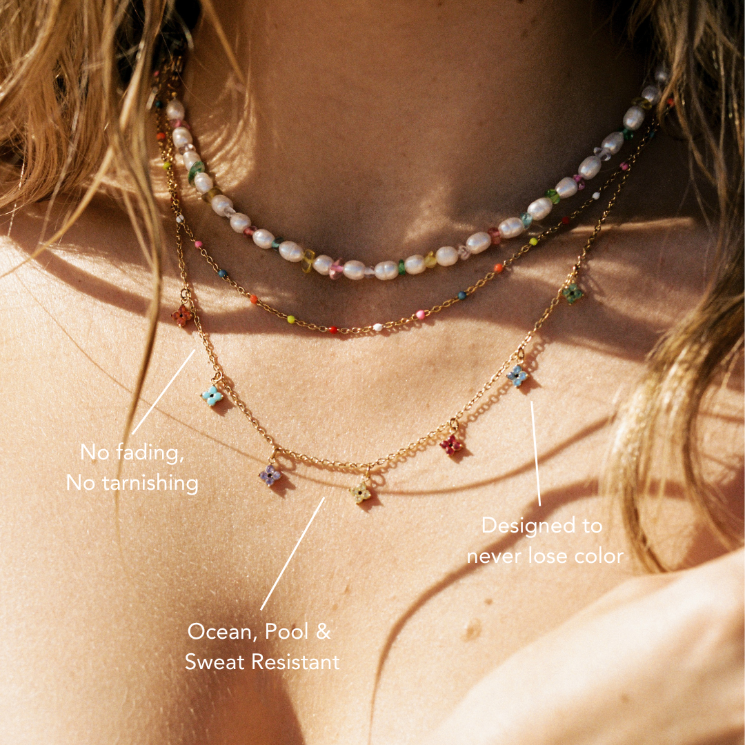Damen Choker Halskette Gold Blumen Anhänger Zirkonia wasserdicht hypoallergen