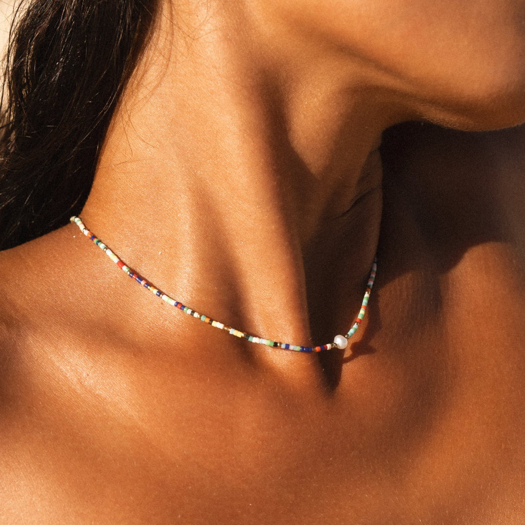 Damen Perlen Choker Bunt mit Süßwasserperle Gold wasserfest Halskette