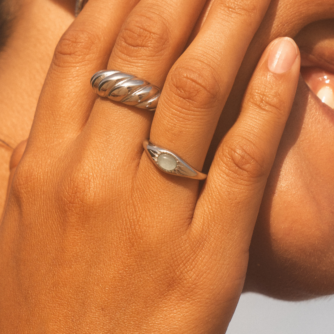 Damen Ring Gold Grün mit Jade Stein, wasserfest, hypoallergen, 6 mm