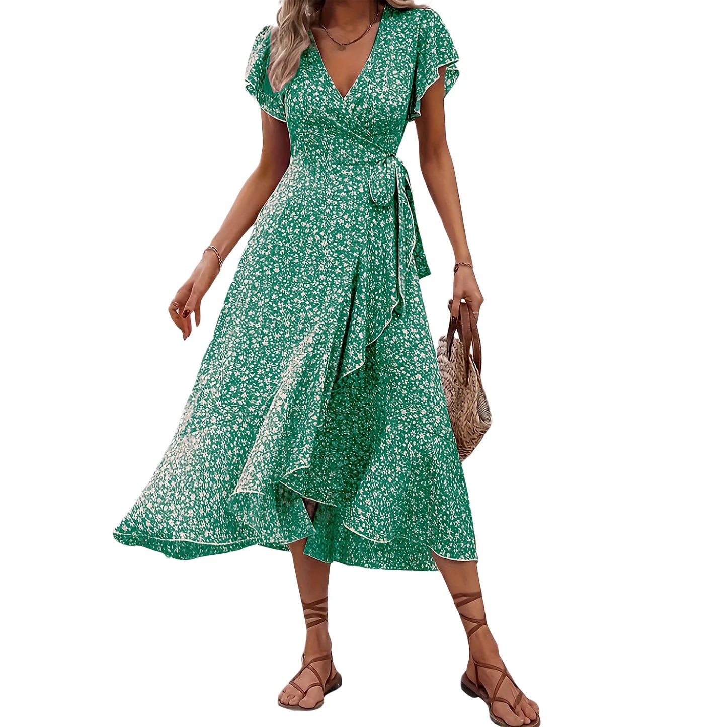 Damen Sommerkleid mit Blumenmuster Wickeloptik V-Ausschnitt kurzen Ärmeln Rüschen und seitlicher Bindung