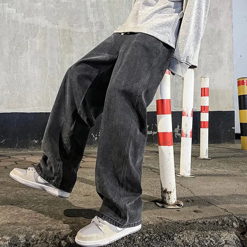 Herren Loose Jeans, koreanische Streetwear mit geradem Schnitt und weitem Bein in Schwarz oder Hellblau