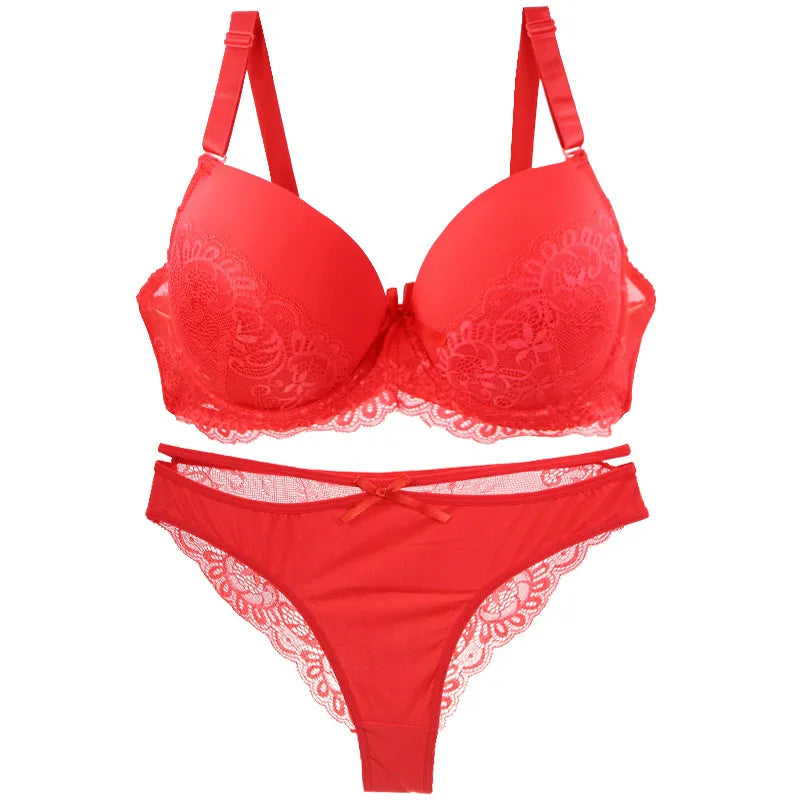 Damen Dessous Set Lila Push-up BH mit Spitze und Bügel inklusive Slip Unterwäsche mit formender Passform