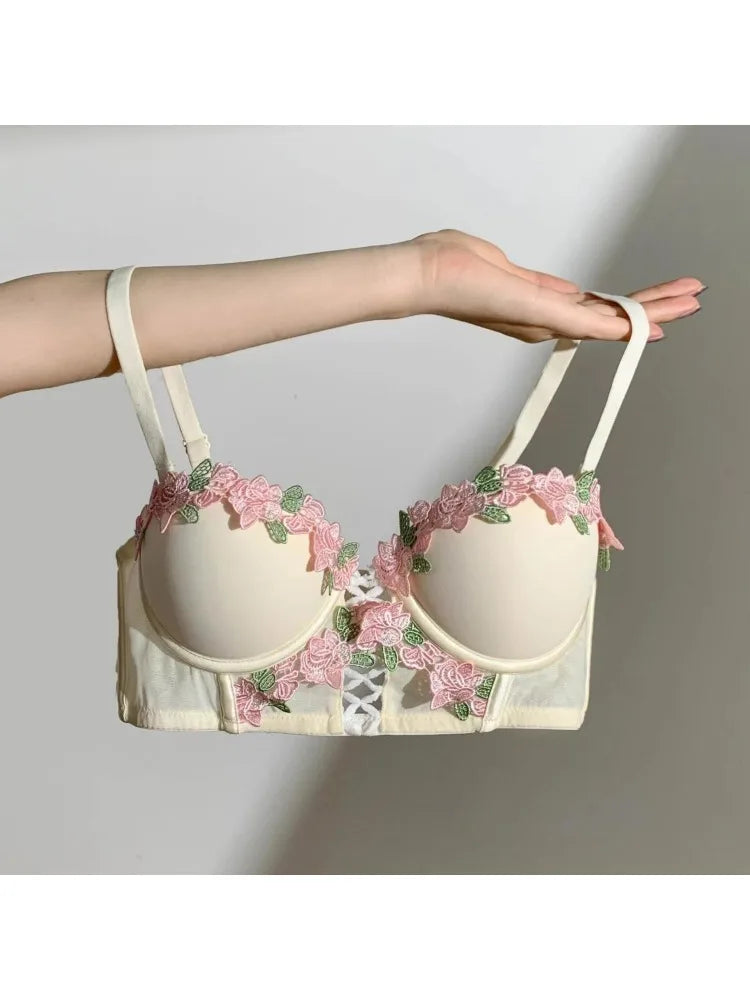 Damen Dessous Set Creme Bügel-BH mit Slip transparente Einsätze florale Details vorgeformte Cups