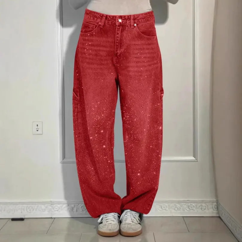 Damen Wide-Leg-Jeans High Waist mit Hot-Diamond-Sterne-Design Modische Casual Jeans für vier Jahreszeiten
