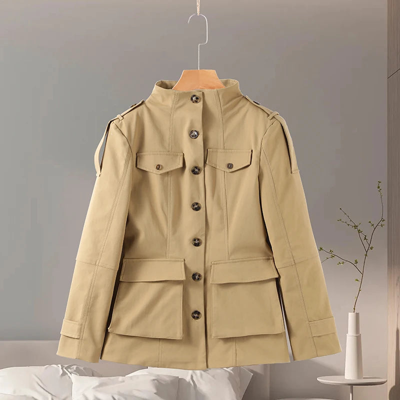 Damen Pilotenjacke Braun mit Reißverschluss Langarm Revers Loose Fit Street Style