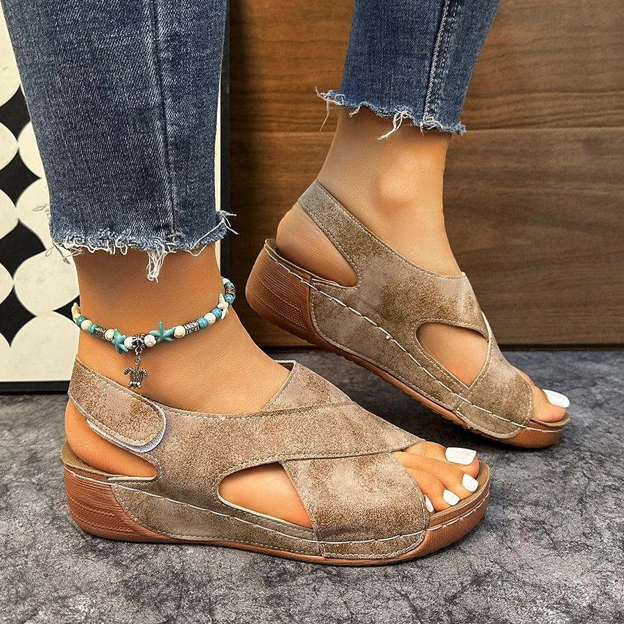 Damen Sandalen Peep Toe mit weichem Keilabsatz Leichte Sommerschuhe Wedges