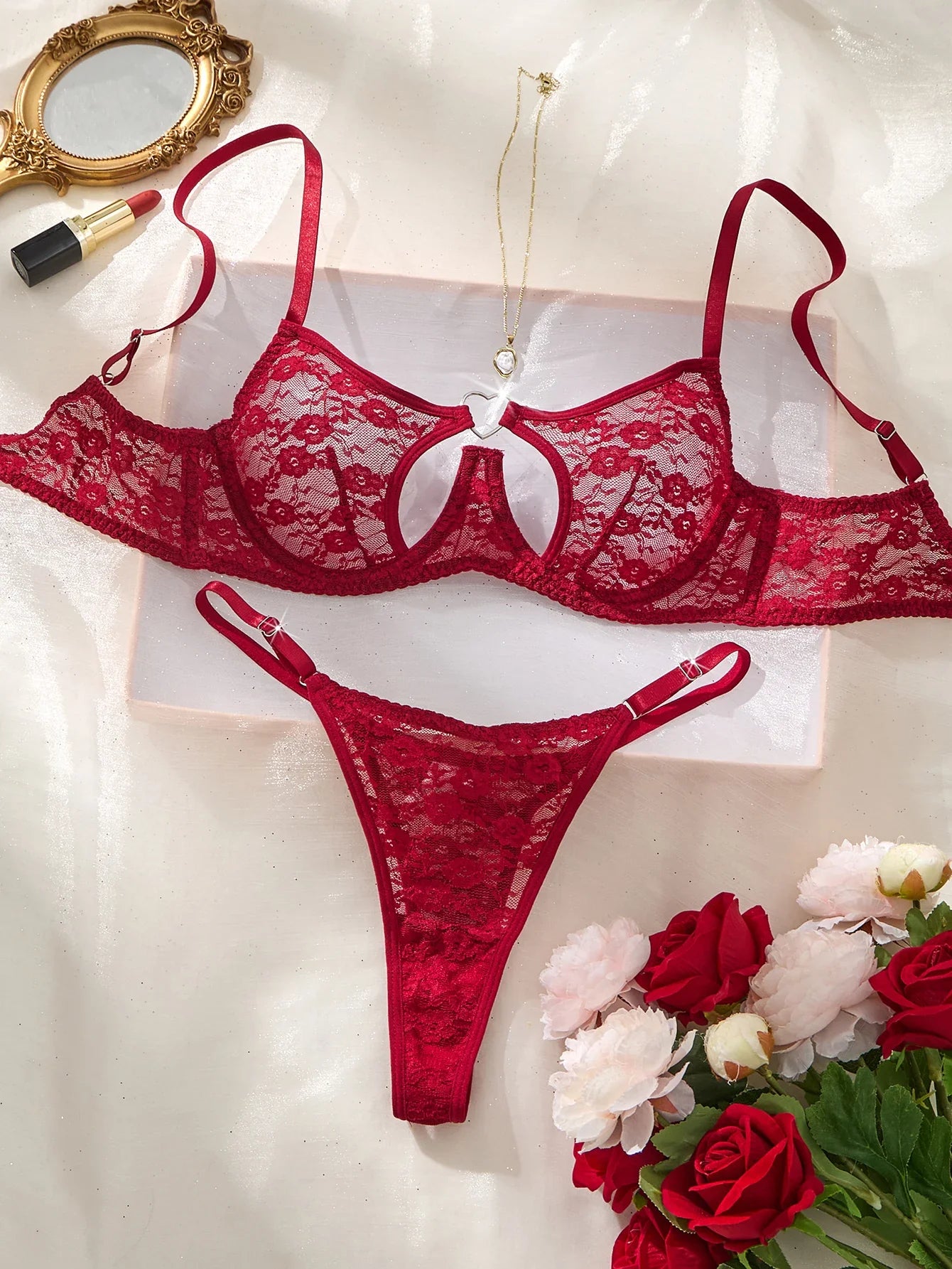 Damen Dessous Set Schwarz mit Spitzen-BH und String, transparent, Bügel-Design, verstellbare Träger
