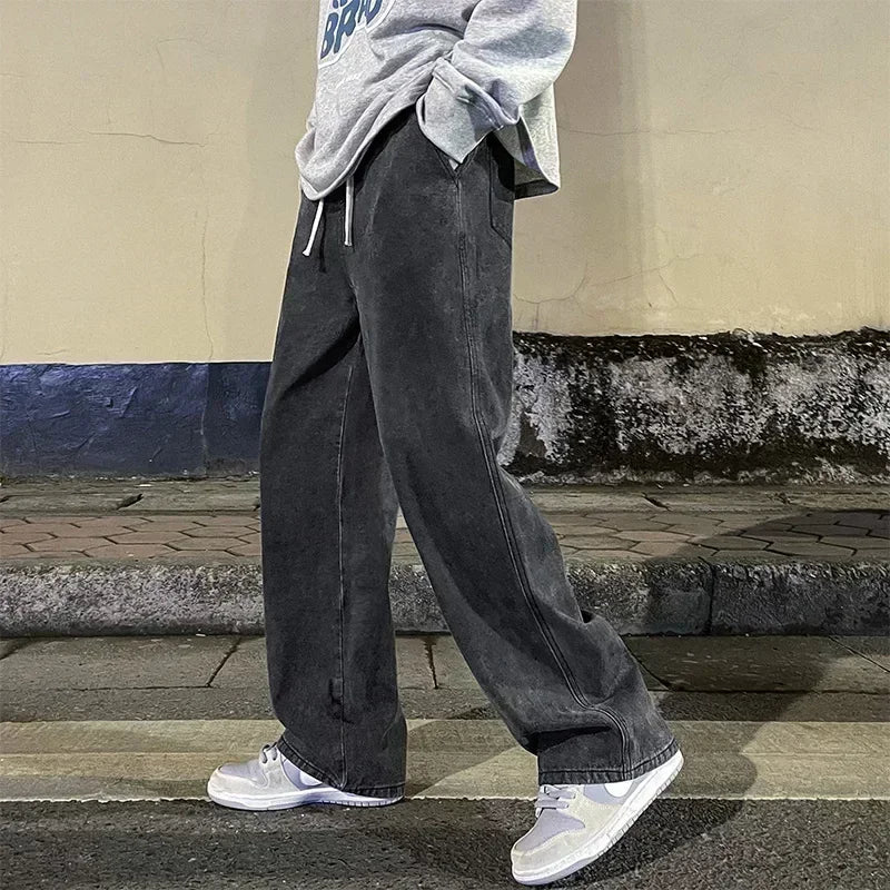 Herren Loose Jeans, koreanische Streetwear mit geradem Schnitt und weitem Bein in Schwarz oder Hellblau