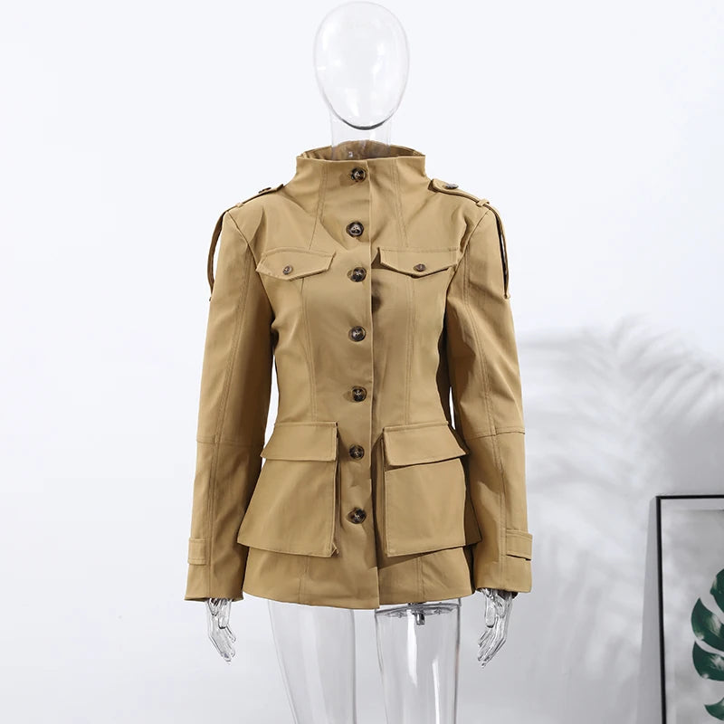 Damen Pilotenjacke Braun mit Reißverschluss Langarm Revers Loose Fit Street Style