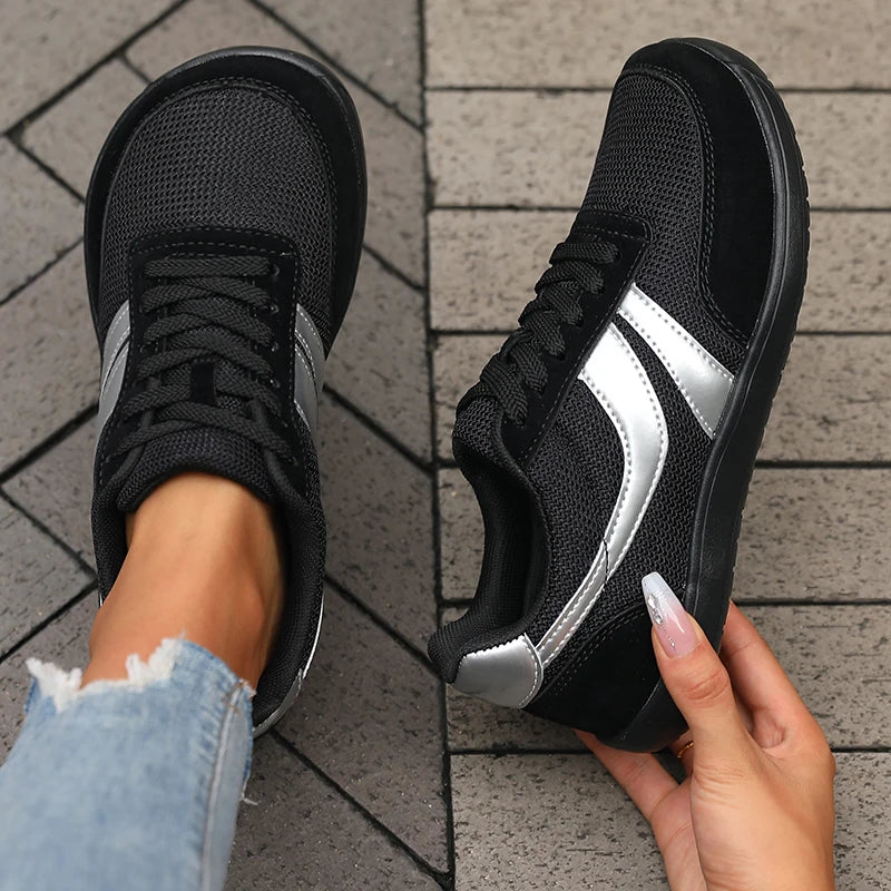 Damen Barfußschuhe Schwarz Breite Zehenbox Sneaker Flach Atmungsaktiv