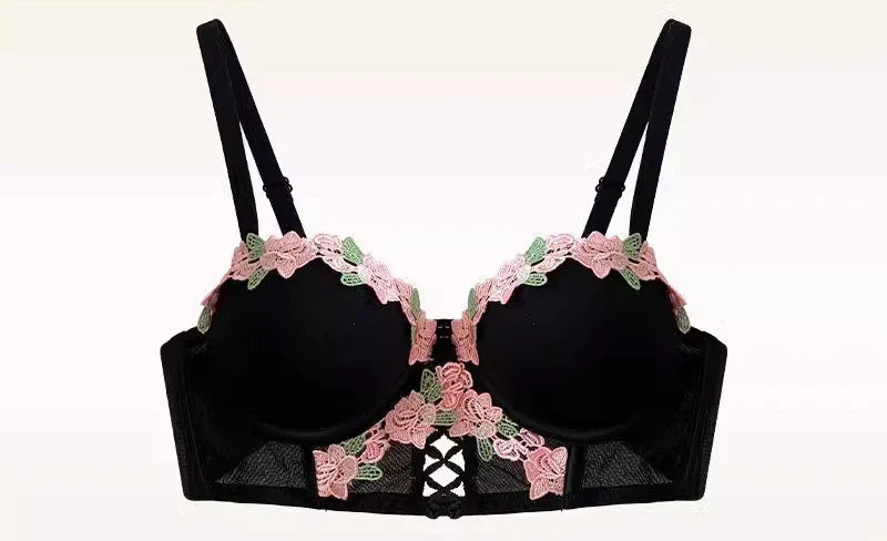 Damen Dessous Set Creme Bügel-BH mit Slip transparente Einsätze florale Details vorgeformte Cups