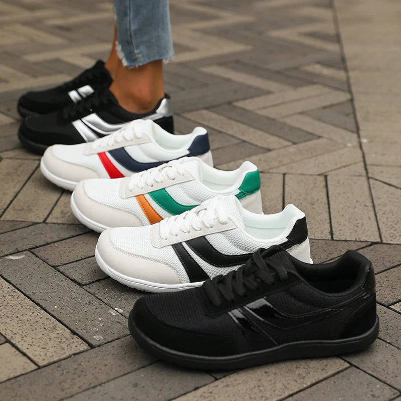 Damen Barfußschuhe Schwarz Breite Zehenbox Sneaker Flach Atmungsaktiv