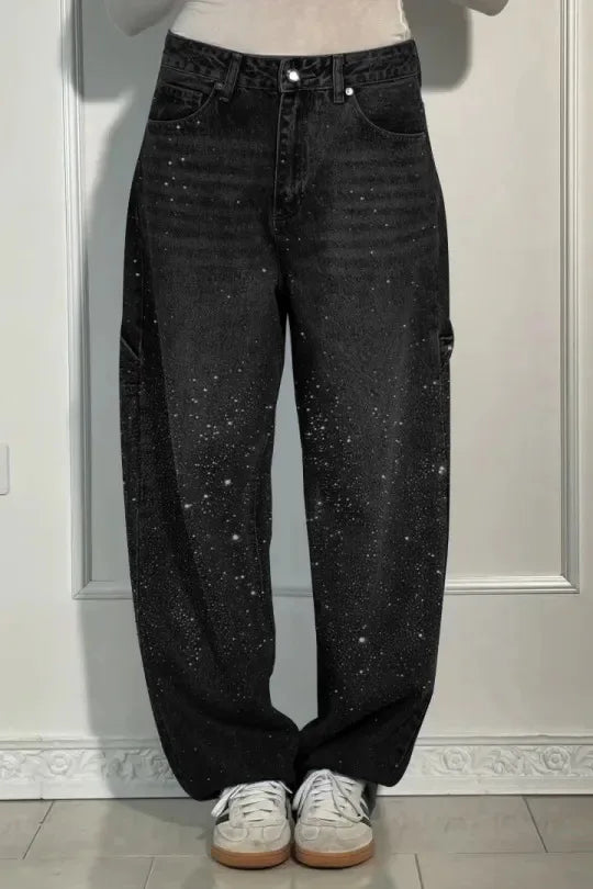 Damen Wide-Leg-Jeans High Waist mit Hot-Diamond-Sterne-Design Modische Casual Jeans für vier Jahreszeiten