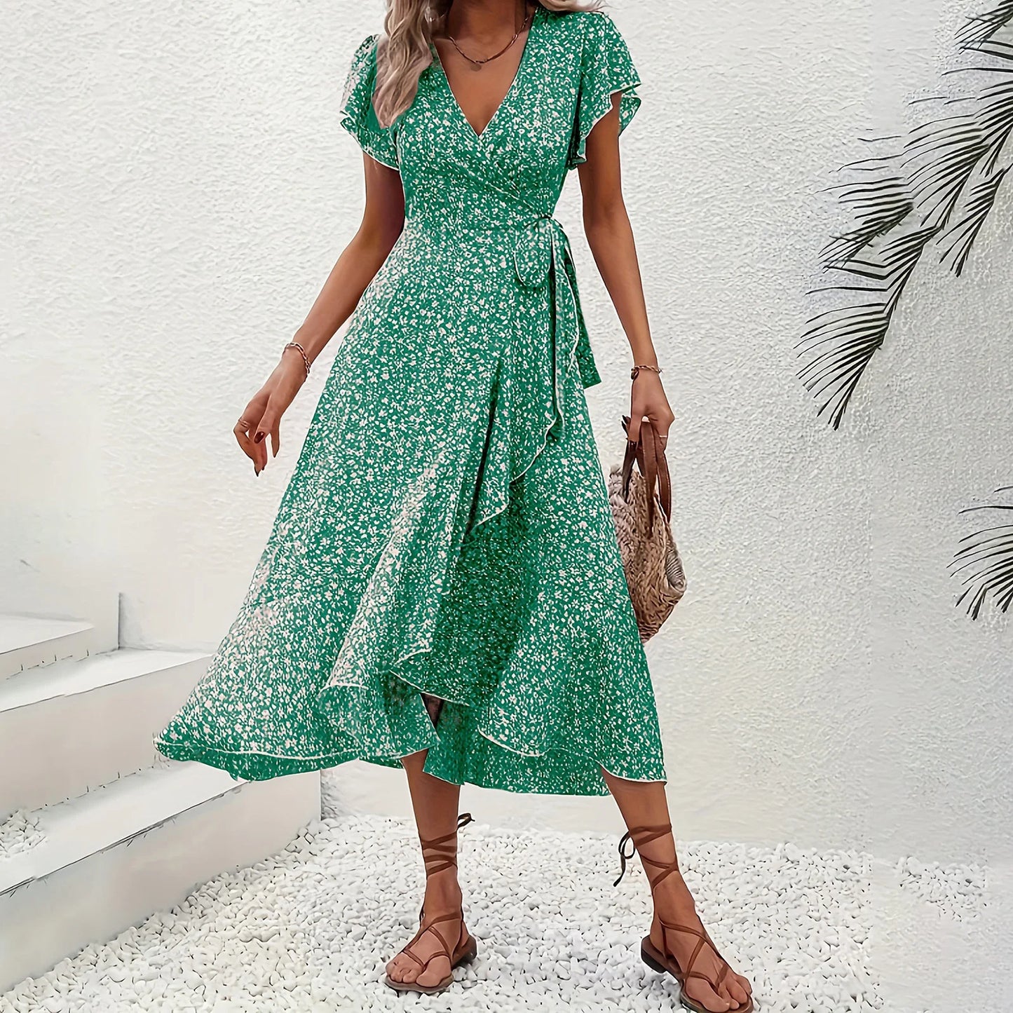 Damen Sommerkleid mit Blumenmuster Wickeloptik V-Ausschnitt kurzen Ärmeln Rüschen und seitlicher Bindung