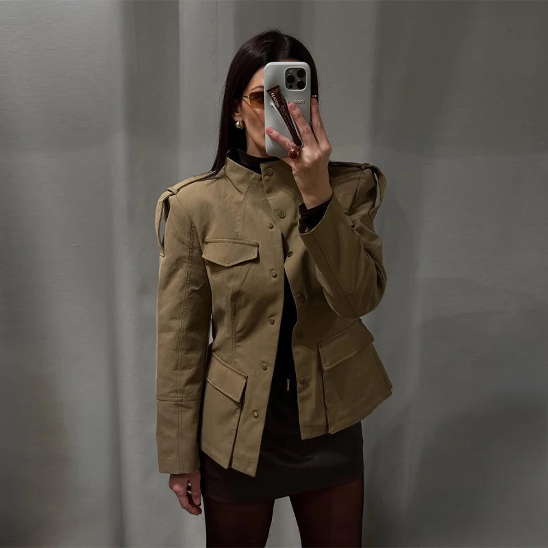 Damen Pilotenjacke Braun mit Reißverschluss Langarm Revers Loose Fit Street Style