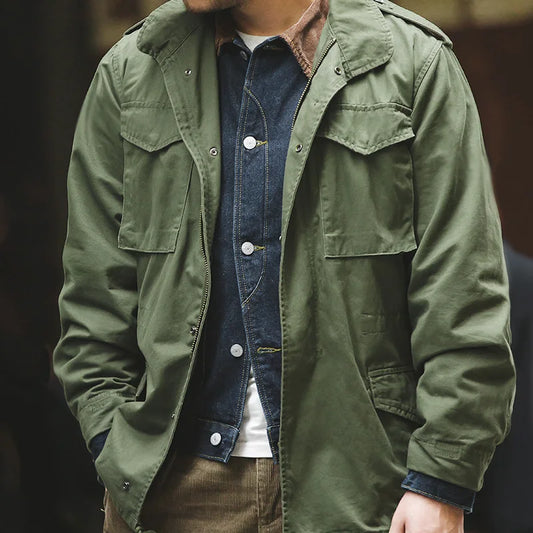 Herren M65 Feldjacke in Grün, Vintage Militärjacke mit Reverskragen und Taschen, Casual Windjacke