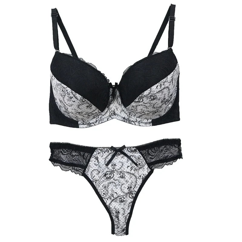 Damen Push-up Dessous Set Türkis Schwarz mit Spitze, verstellbaren Trägern und vorgeformten Cups