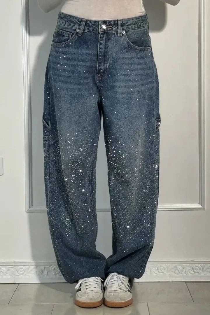 Damen Wide-Leg-Jeans High Waist mit Hot-Diamond-Sterne-Design Modische Casual Jeans für vier Jahreszeiten