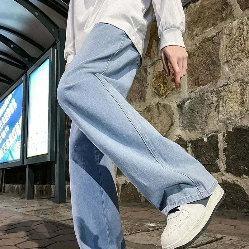 Herren Loose Jeans, koreanische Streetwear mit geradem Schnitt und weitem Bein in Schwarz oder Hellblau
