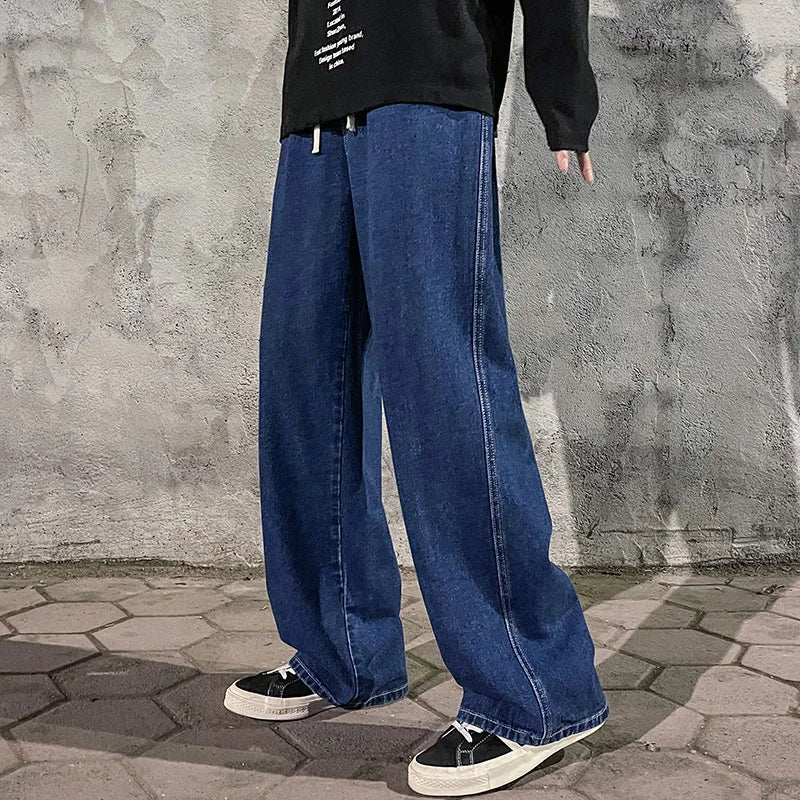 Herren Loose Jeans, koreanische Streetwear mit geradem Schnitt und weitem Bein in Schwarz oder Hellblau