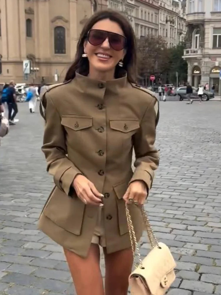 Damen Pilotenjacke Braun mit Reißverschluss Langarm Revers Loose Fit Street Style