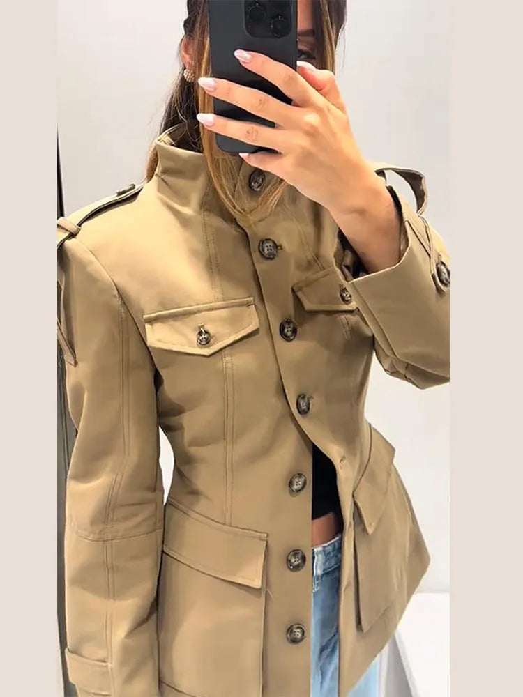 Damen Pilotenjacke Braun mit Reißverschluss Langarm Revers Loose Fit Street Style